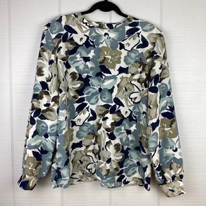 Vintage Bedford Fair Blue Tan Floral Long Sleeve Blouse Top Shoulder Pads